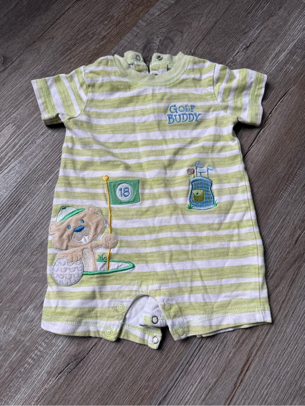 VTG Golf Buddy Beaver Striped Baby Romper Outfit Green White Cotton Size 12 M